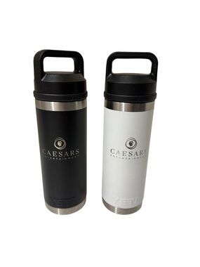 Two Stainless steel insulated water bottles, YETI Rambler 18oz with Chug Cap.